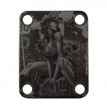 Engraved Guitar Joint/Heel Neck Plate, Black (Standard 4 Bolt) Texas Cowgirl Pin-Up (B2069)