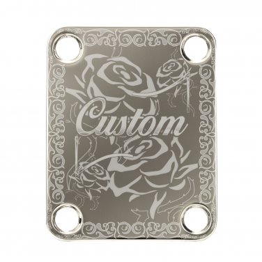 Engraved Guitar Joint/Heel Neck Plate, Nickel (Standard 4 Bolt) Custom Scroll with Roses (N2107)