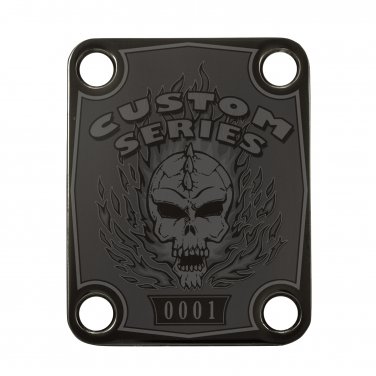 Engraved Guitar Joint/Heel Neck Plate, Black (Standard 4 Bolt) Flaming Skull Serial #1 (B2021)
