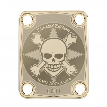 Engraved Guitar Joint/Heel Neck Plate, Gold (Standard 4 Bolt) Skull Crossbones LE USA (G2002)