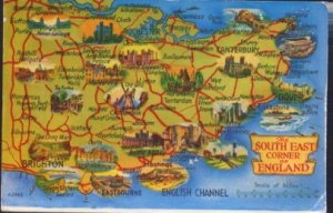 POSTCARD MAP OF THE SOUTH EAST CORNER OF ENGLAND
