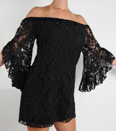 Elan Lace Black Off Shoulder Tunic Top Mini Dress, Swim Cover Up Small S New $89