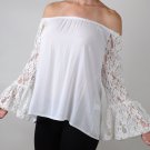 Elan Lace Sleeve Top White Off Shoulder Blouse, Swim Cover Up Shirt, Medium M