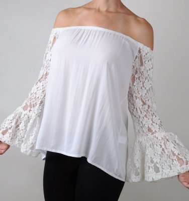 Elan Lace Sleeve Top White Off Shoulder Blouse, Swim Cover Up Shirt, Medium M