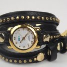La Mer Collections Watch Black Leather Bali Gold Studs Wrap, New Gift Box