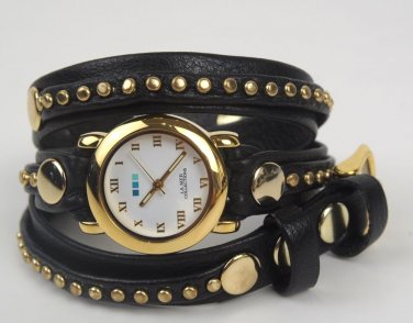 La Mer Collections Watch Black Leather Bali Gold Studs Wrap, New Gift Box