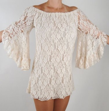 Elan Lace Natural Ivory Off Shoulder Tunic Top, Mini Dress, Small S, New $89