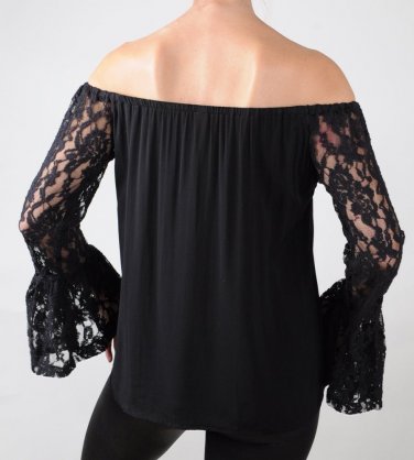 Elan Lace Sleeve Top Black Off Shoulder Blouse, Swim Cover Up, Shirt, Small S