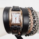 La Mer Collections Watch New Rose Gold, Gunmetal Multi Chains Back Leather Wrap