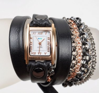 La Mer Collections Watch New Rose Gold, Gunmetal Multi Chains Back Leather Wrap