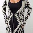 Elan Tribal Print Sweater Hoodie Jacket Cardigan With Pin, Black, Cream, Small S
