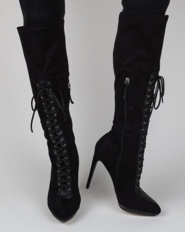 Bebe Boots Black Lace Up Corset Style Knee High, Shoes, 6.5, 6 1/2, Last 1