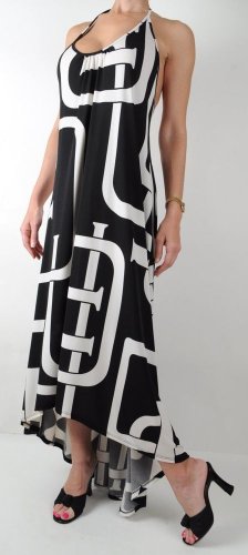 Elan Maxi Hi Low Dress, Buckle Print, Black White Halter Tie Back Medium M, $100