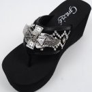 Grazie Flip Flop Wedge Shoes Black Winged Cross Crystal Skull Jaylin Sandal 6-11