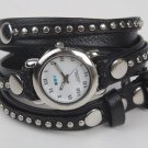 La Mer Collections Leather Bali Silver Stud Black Wrap Watch, New In Gift Box