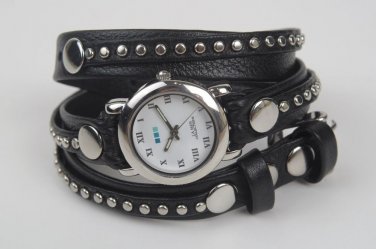 La Mer Collections Leather Bali Silver Stud Black Wrap Watch, New In Gift Box