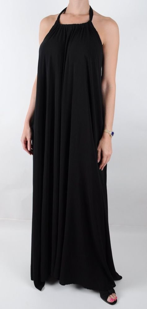 Elan Resort Maxi Dress Black Flowy Goddess Halter Tie, Small S, New, $129