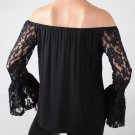 Elan Lace Sleeve Top Black Off Shoulder Blouse, Swim Cover Up Shirt, Medium M