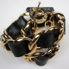CC Skye Bracelet, New 16" Double Wrap Black Leather Gold Plated Chain & Gift Box