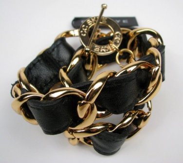 CC Skye Bracelet, New 16" Double Wrap Black Leather Gold Plated Chain & Gift Box