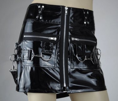 Hell Bunny London Mini Skirt New Black PVC w/Chains Gothic Punk Bondage, S Small