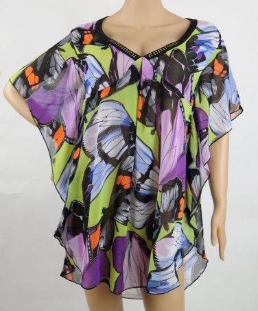 One World Beach Resort Caftan Tunic Top Cover Up, Black Butterflies, Studded, L