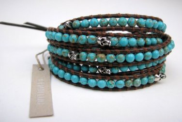 Chan Luu Bracelet New Turquoise Silver Skulls Brown Leather Wrap & Dust Bag