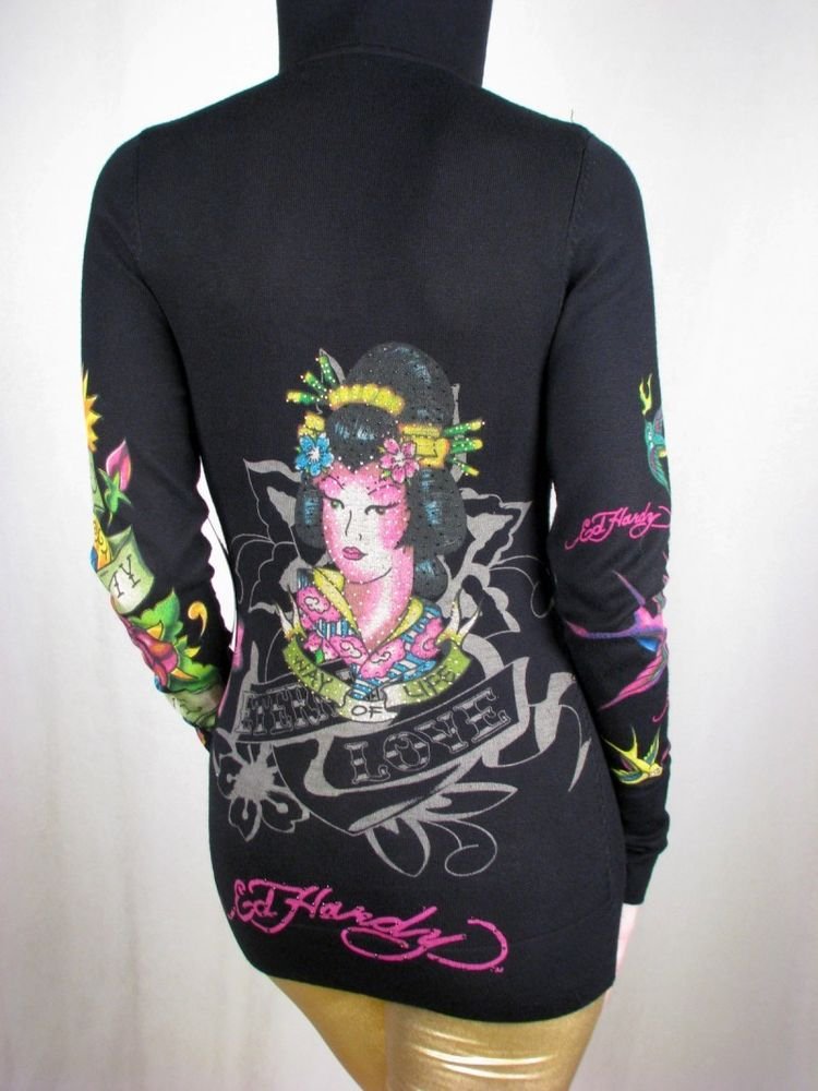 Ed Hardy Hoodie Zip-Up Jacket Sweater New Rhinestone Black Geisha, XS