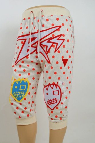 Bass By Ron Bass Cream 3/4 Sweat Pants, Red Dots, Patches XL, Waist: 34-36"