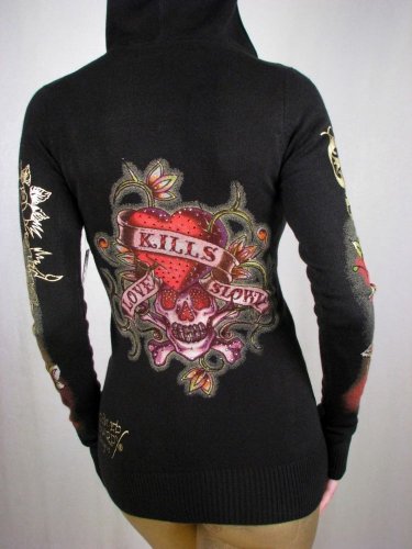 Ed Hardy Hoodie Sweater Black Jacket Rhinestone Love Kills Slowly, XS