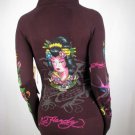 Ed Hardy Hoodie Brown Geisha Rhinestone Knit, Tunic Shirt, Sweater, S Small, New