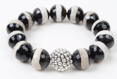 Simon Sebbag Stretch Bracelet 925 Silver Prosecco and Striped Black Agate Beads