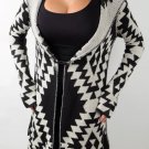 Elan Tribal Print Sweater Hoodie Jacket Cardigan With Pin, Black, Cream Medium M