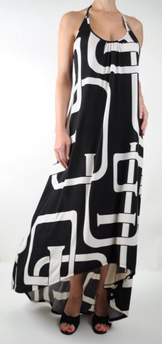 Elan Maxi Hi Low Dress, Buckle Print, Black White Halter Tie Back, Large L, $100