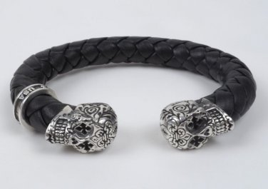 King Baby Studio Cuff Bracelet 925 Sterling Silver Leather Day Of Dead Skulls