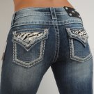 Miss Me Jeans Glitzy Zebra Black Cow Patch Easy Fit Boot Size 26, Hip 35.5 - 37"