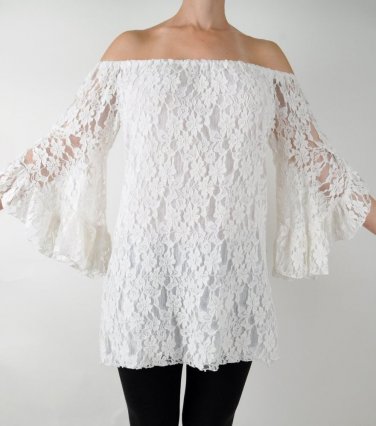 Elan Lace White Off Shoulder Tunic Top, Mini Dress, Swim Cover Up, Medium, M