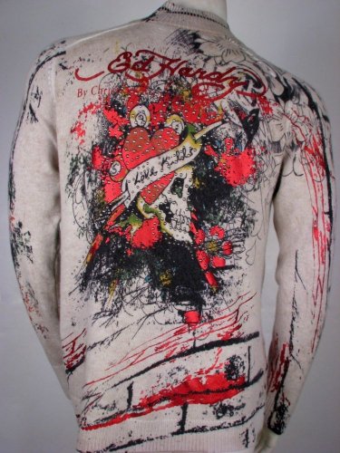 Ed Hardy Track Jacket Knit Sweater Love Kills, Off White Wool Blend L, Chest 43"