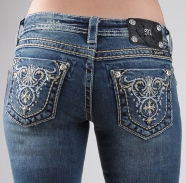 Miss Me Jeans New Compass Cross Pyramid Studs & Crystal Embroidered Boot Cut  26