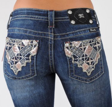 Miss Me Jeans Dark Boot Cut Faith Cross, Sequins Leather Crystals, Sizes: 26, 28