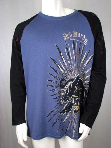 Ed Hardy Sweater Raglan Style Born Free Panther Studded, Blue, Black, L, Large