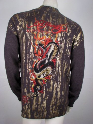 Ed Hardy Sweater Track Jacket Zip Up Snake Rhinestone Gold Foil, XL
