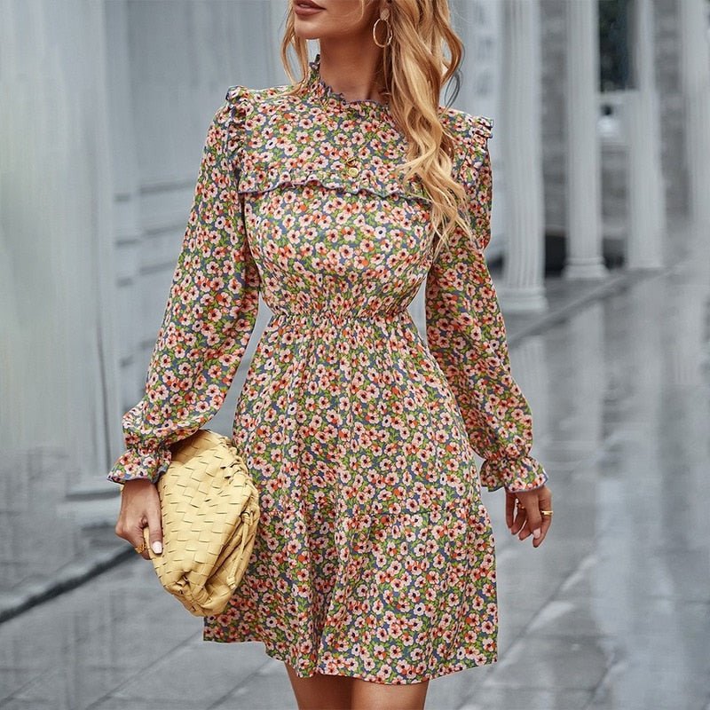 Fashion waist printed Ruffles Mini dress
