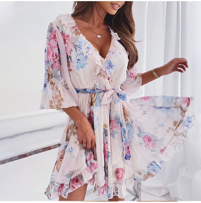 Floral Print Half Sleeve Sexy Mini Dress