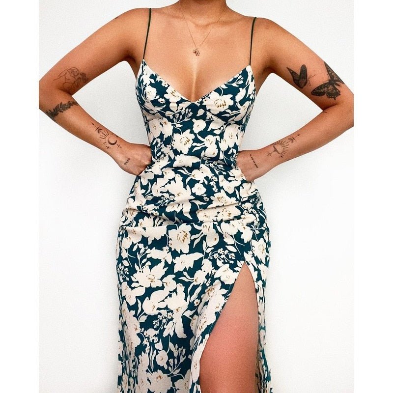 Sexy Hem Slit Flower Print Midi Dress