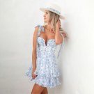 Blue Floral Print Sexy V-neck Mini Dress