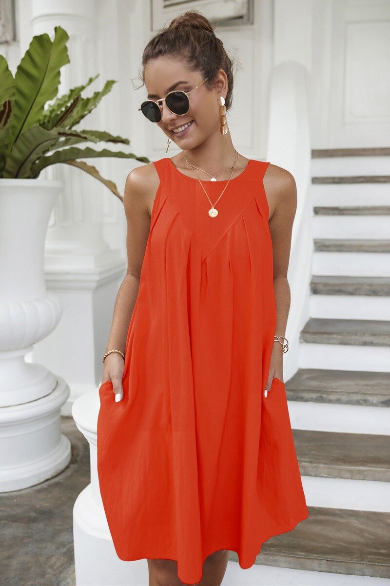 Chic O-neck Solid Color Sleeveless Mini Dress