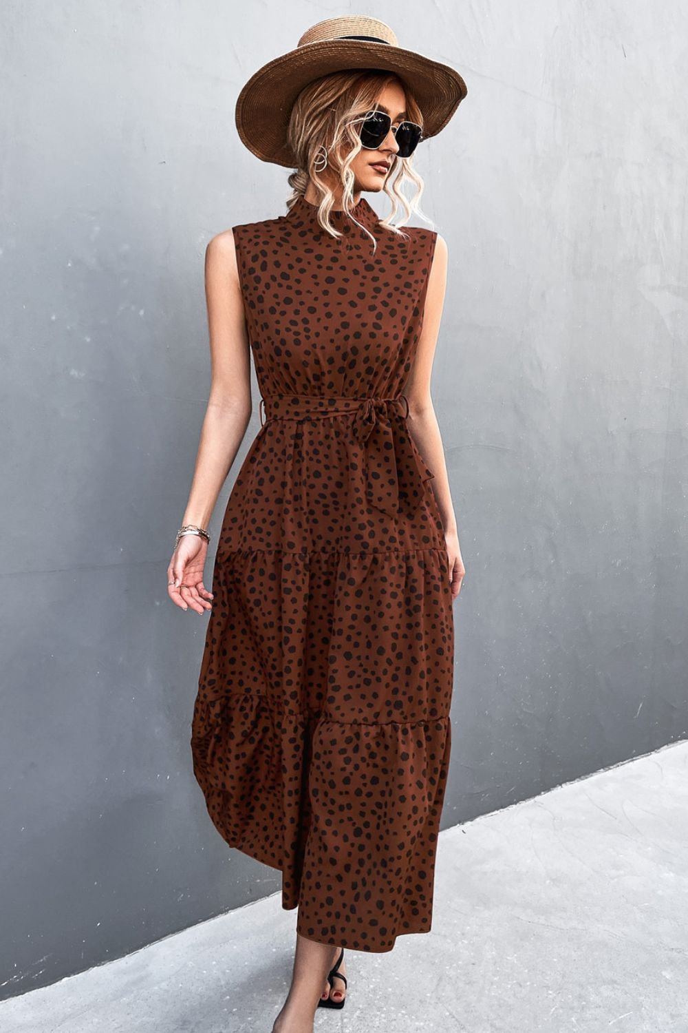 Dotted Sleeveless Tiered Midi Dress