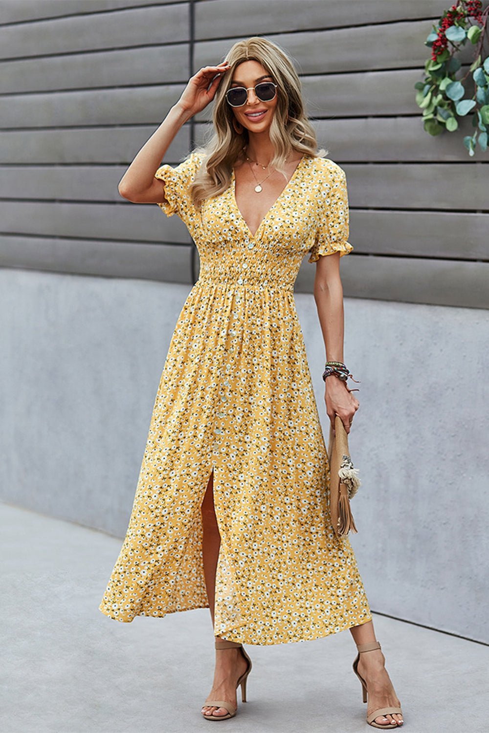 Floral Decorative Button Puff Sleeve Maxi Dress