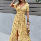 Floral Decorative Button Puff Sleeve Maxi Dress